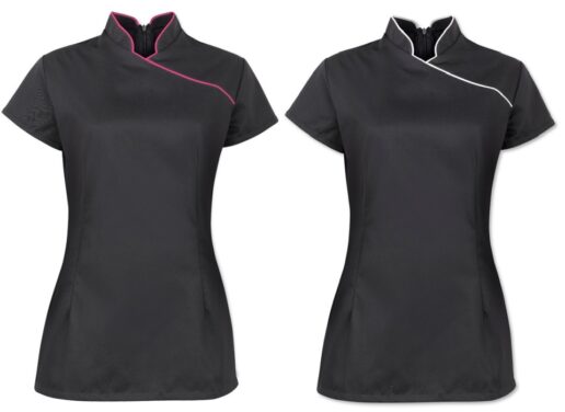 Tunique noire col montant  femmes passepoil  contrastant rose fuschia ou blanc fentes laterales polyester coton easycare