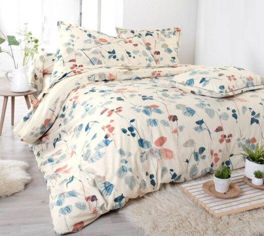 housse couette coton aquarelle feuilles rose bleu