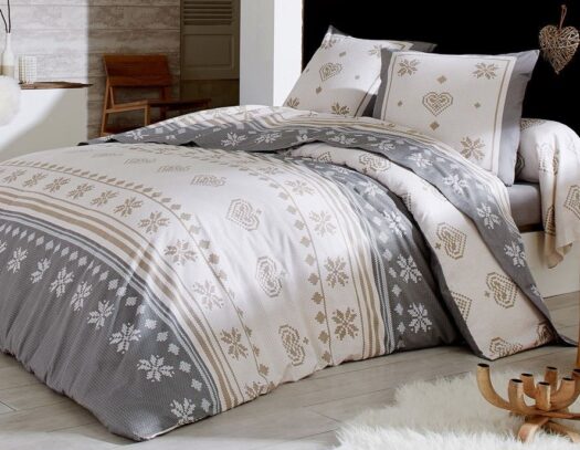 housse couette coton flanelle chalet montagne coeurs flocons neige gris beige