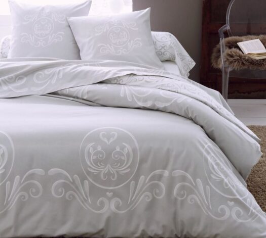 housse couette coton flanelle romantique coeurs gris clair