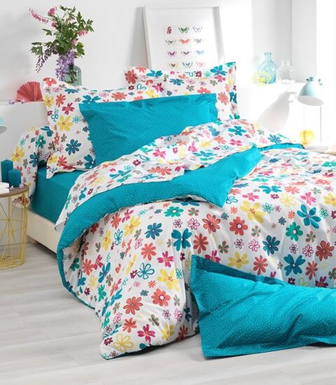 housse couette coton fleurs multicolore