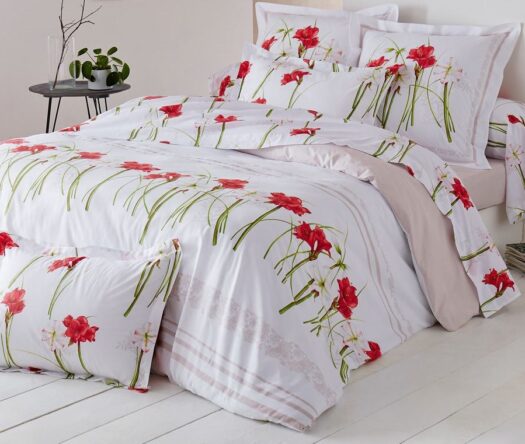 housse couette coton fleurs rouges