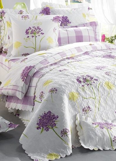 housse couette coton percale champs de fleurs parme mauve vert pistache