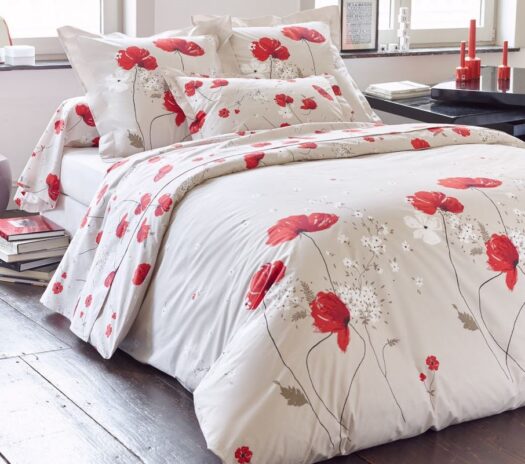 housse couette coton percale coquelicot rouge fond ecru