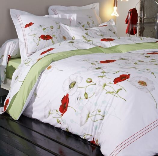 Housse de couette coton percale coquelicot rouge et vert sur fond blanc