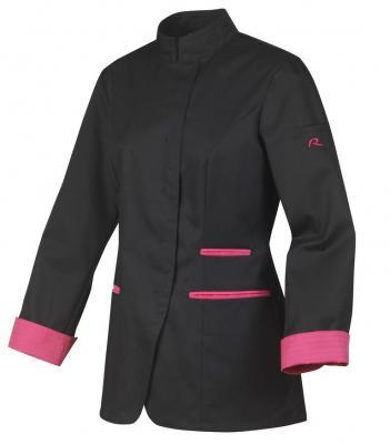 veste alimentaire cuisine pour dame manches longues uni noir parement fuchsia vêtements de travail professionnels